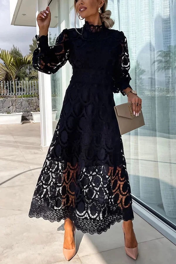 Romantic Sensual and Elegant Crochet Lace Lantern Sleeve Party Midi Dress