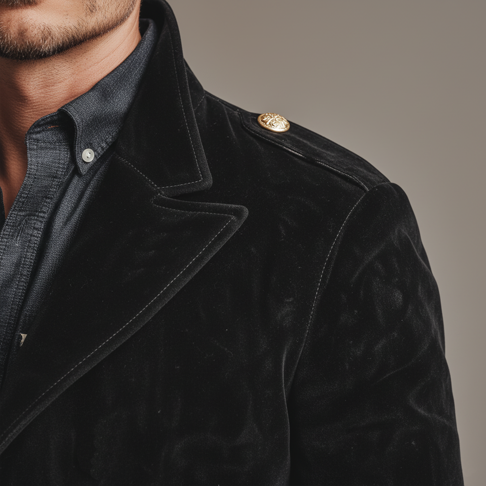 Men's Classic Retro Lapel Double-breasted Epaulette Faux Velvet Jacket