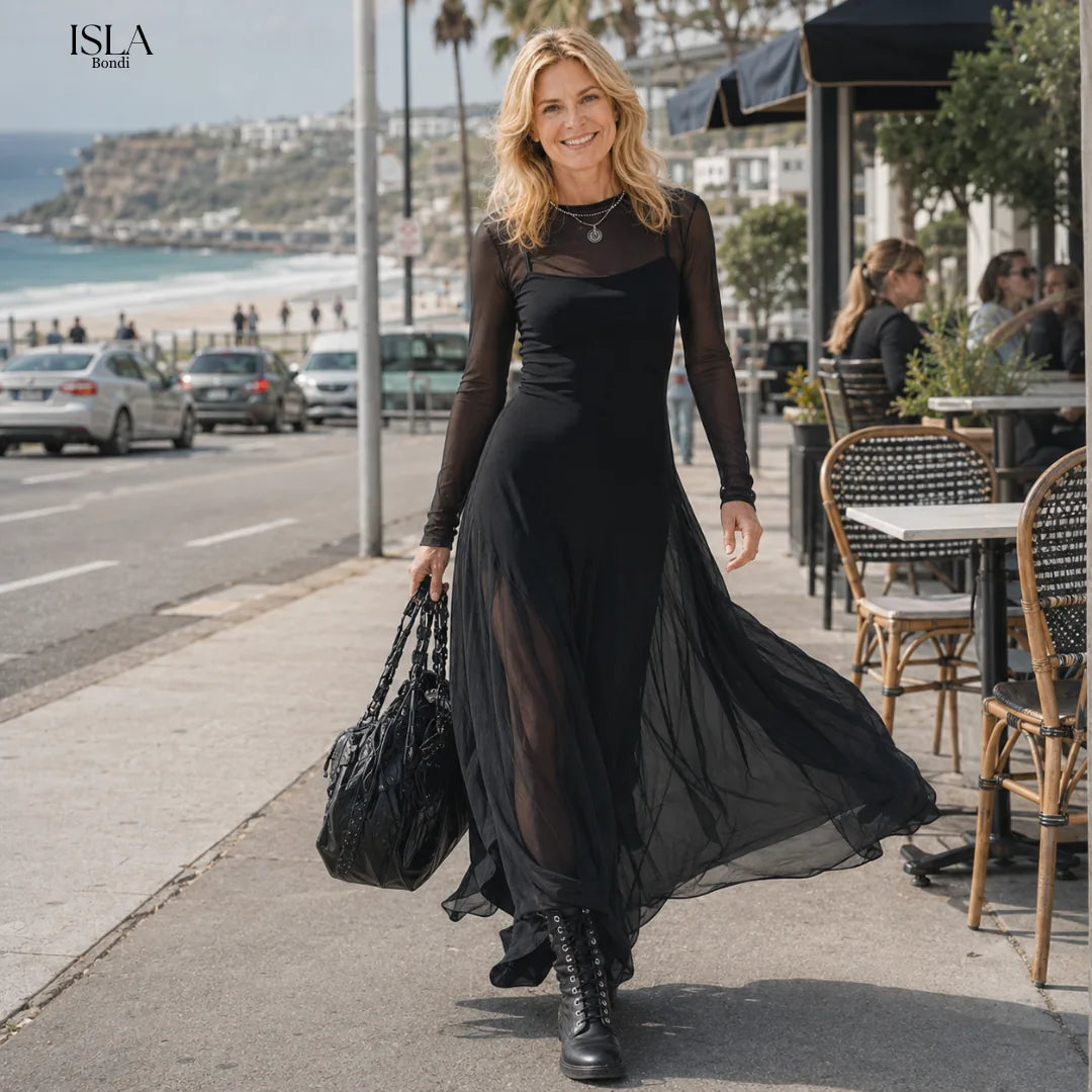 Black Tulle Patchwork Loose-fitting Maxi Dress