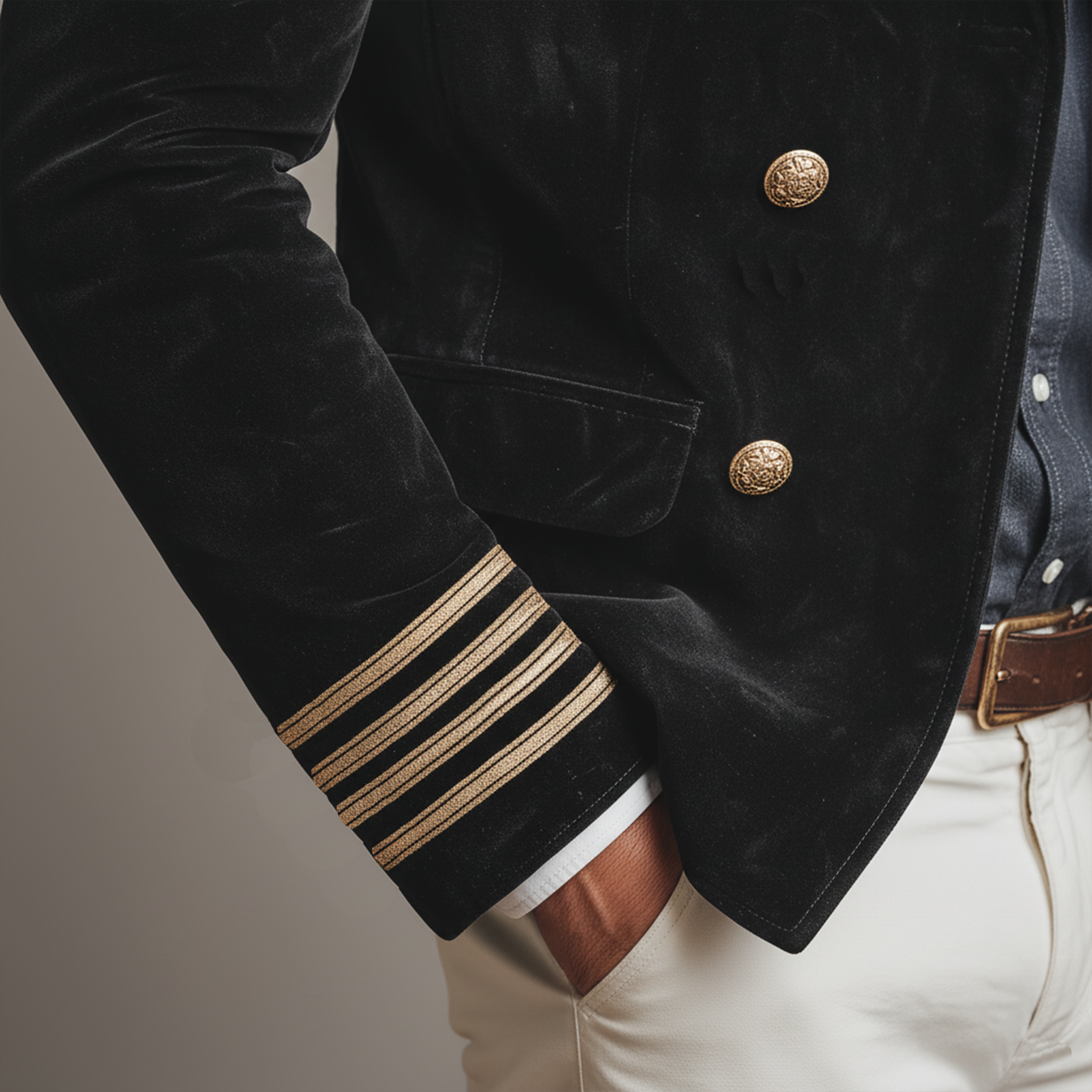 Men's Classic Retro Lapel Double-breasted Epaulette Faux Velvet Jacket