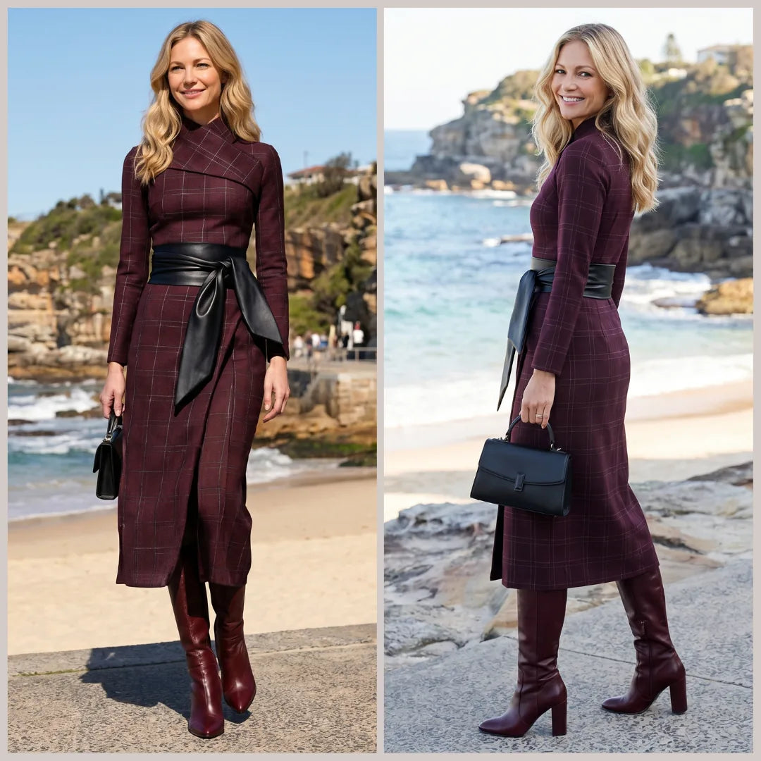 Tie-waisted elegant long woolen dress