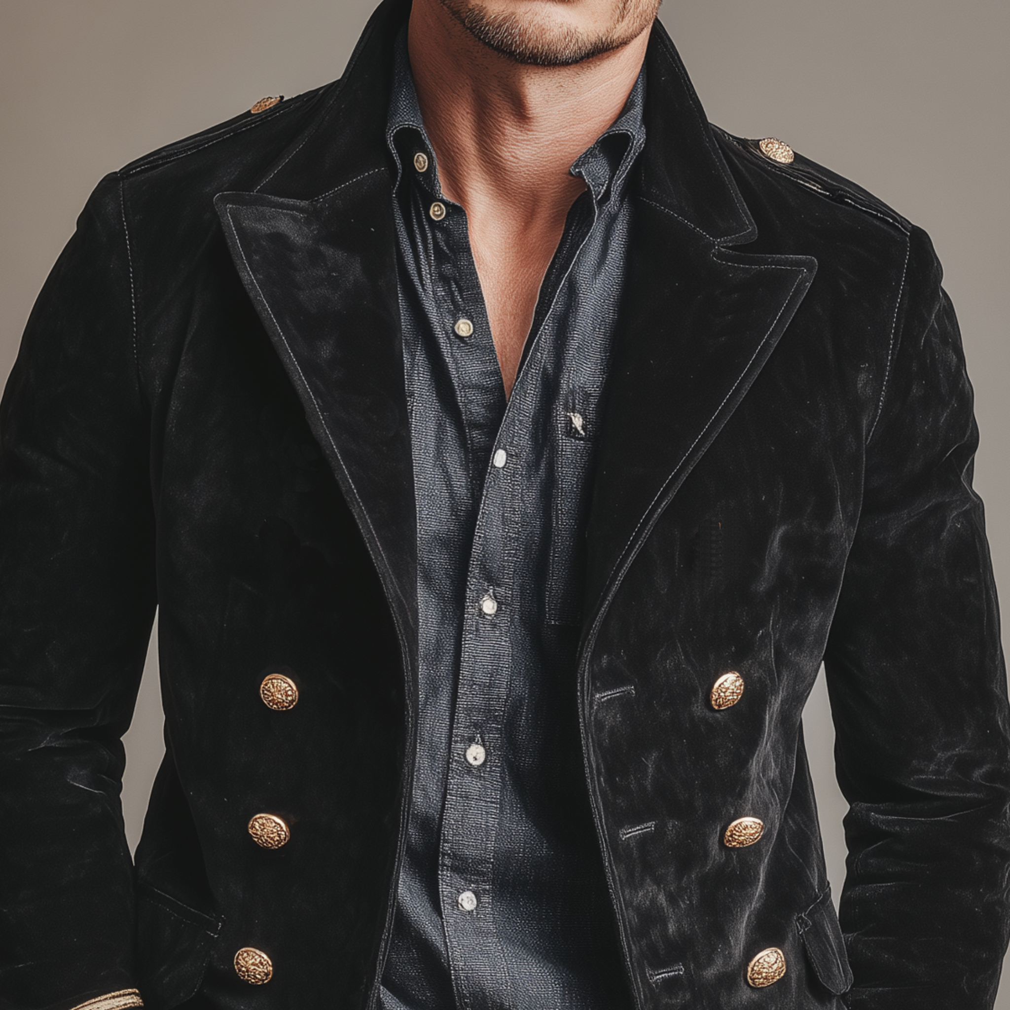 Men's Classic Retro Lapel Double-breasted Epaulette Faux Velvet Jacket