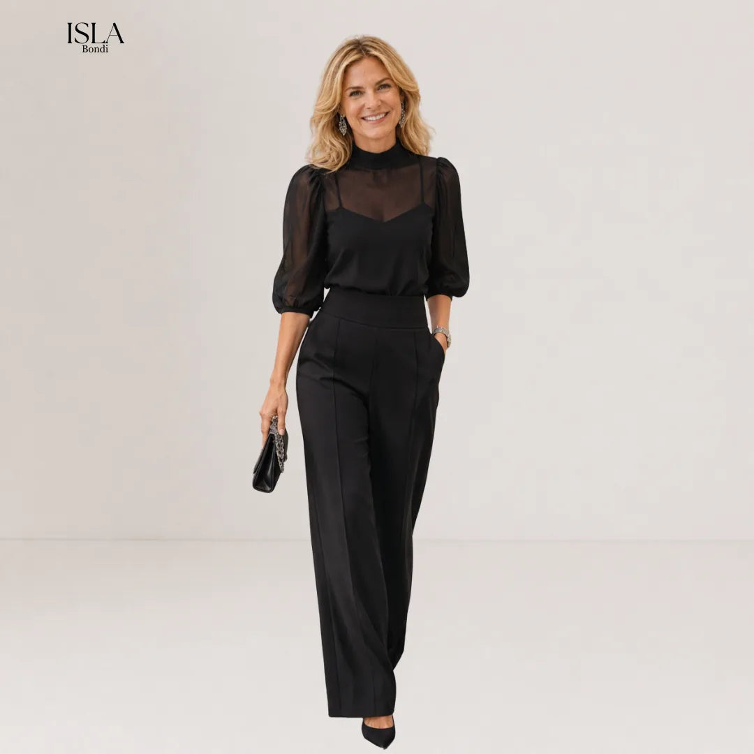 Black Sheer Camisole Top And Wide-leg Pants Three-piece Set
