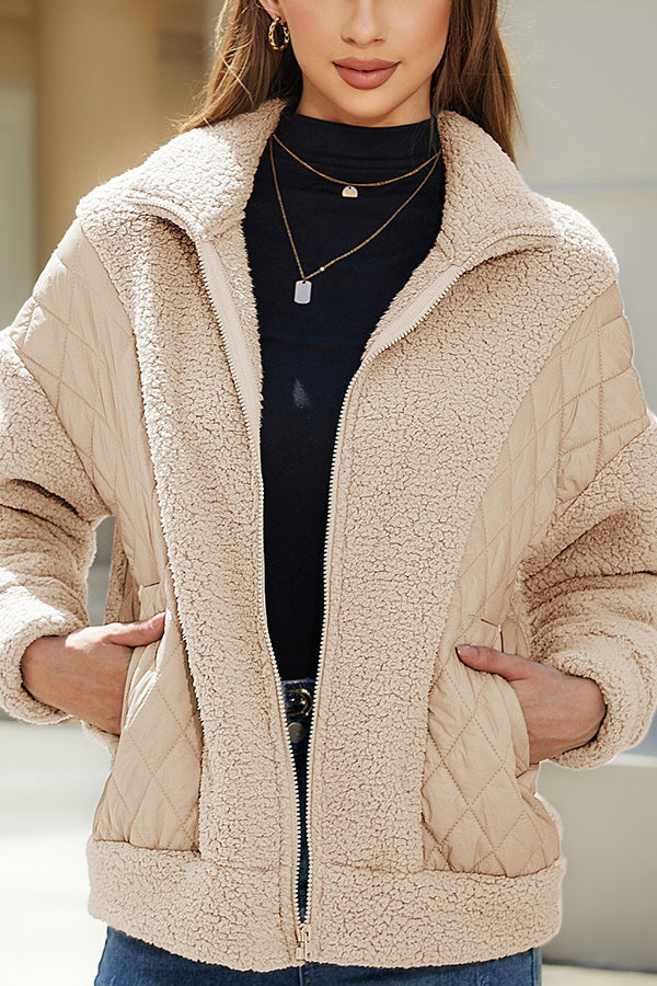 Fashion Long Sleeve Cardigan Zipper Plush Patchwork Women's Jacket