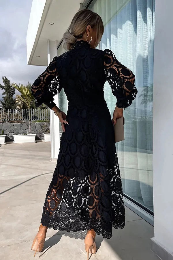 Romantic Sensual and Elegant Crochet Lace Lantern Sleeve Party Midi Dress