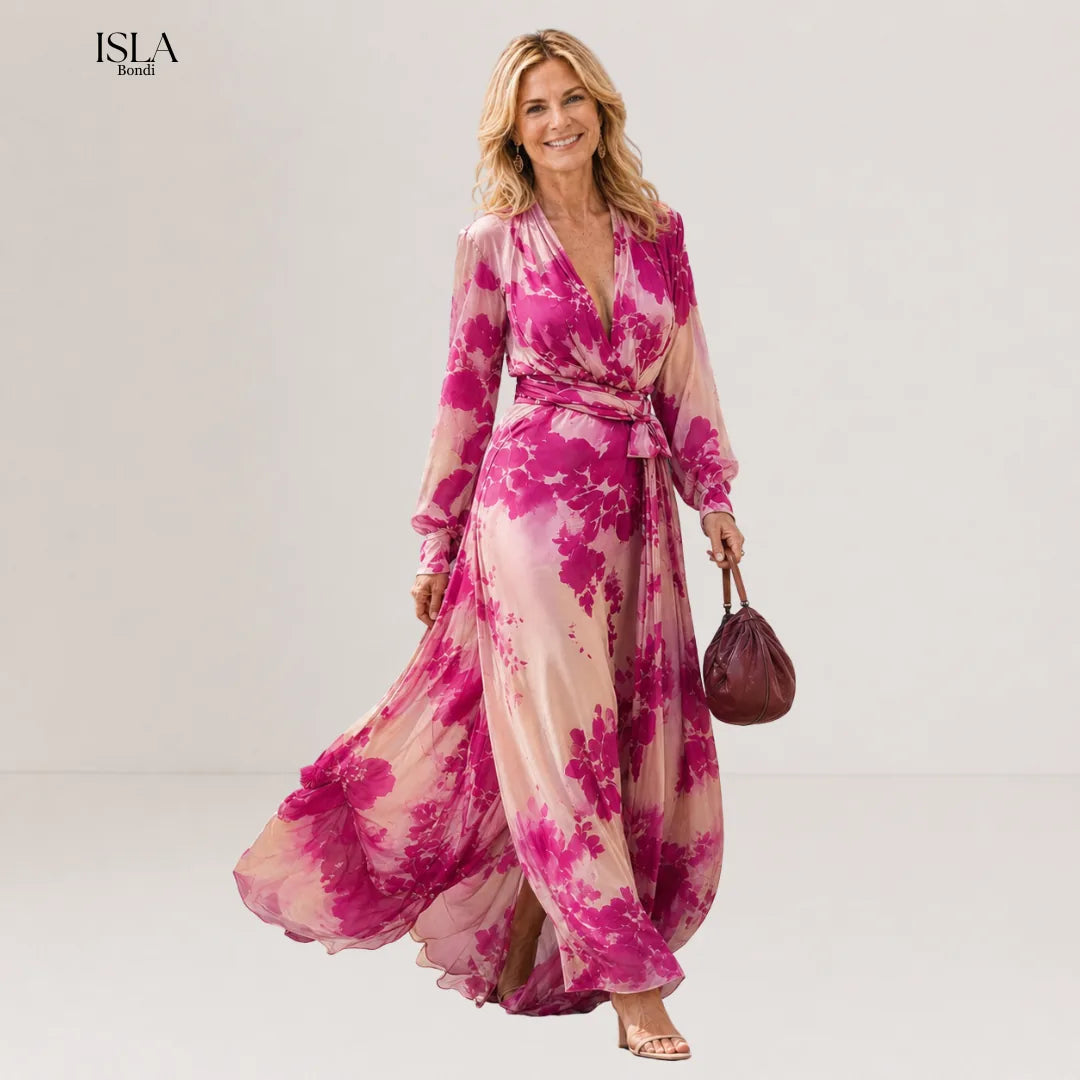 Rose Red Floral V-neck Belted Maxi Dress