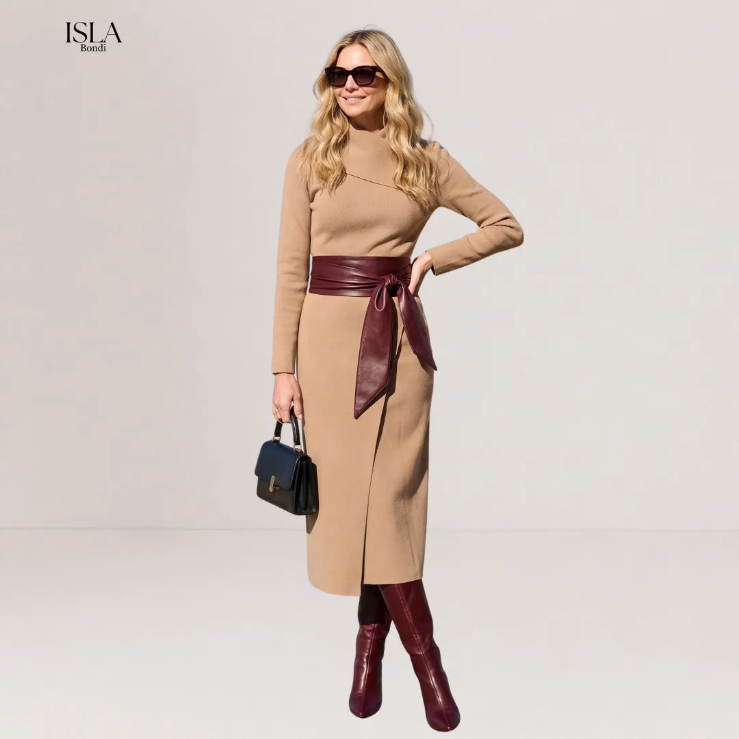 Tie-waisted elegant long woolen dress