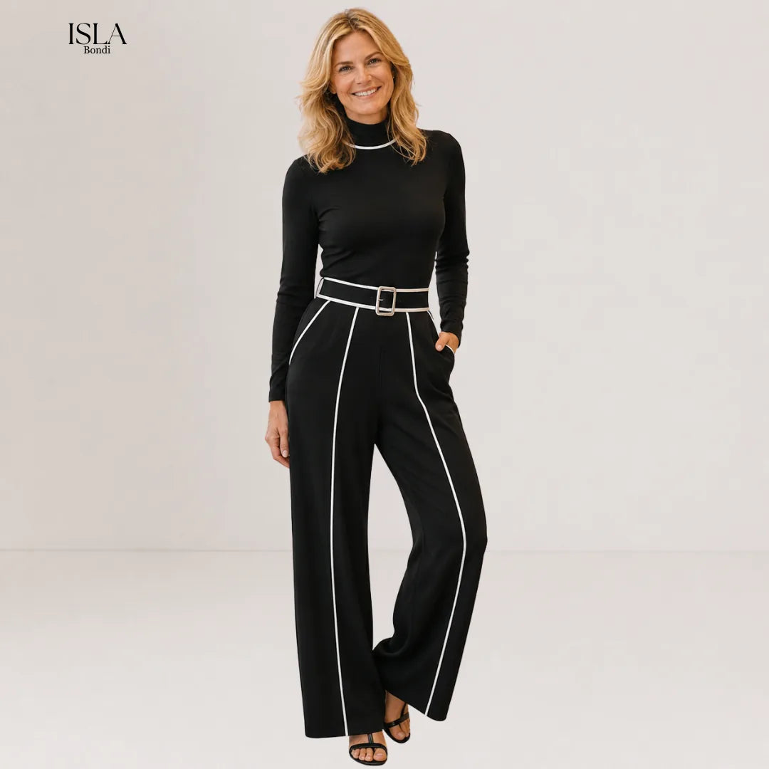White Trim High-neck Long-sleeved Top With Wide-leg Pants and Belt Set