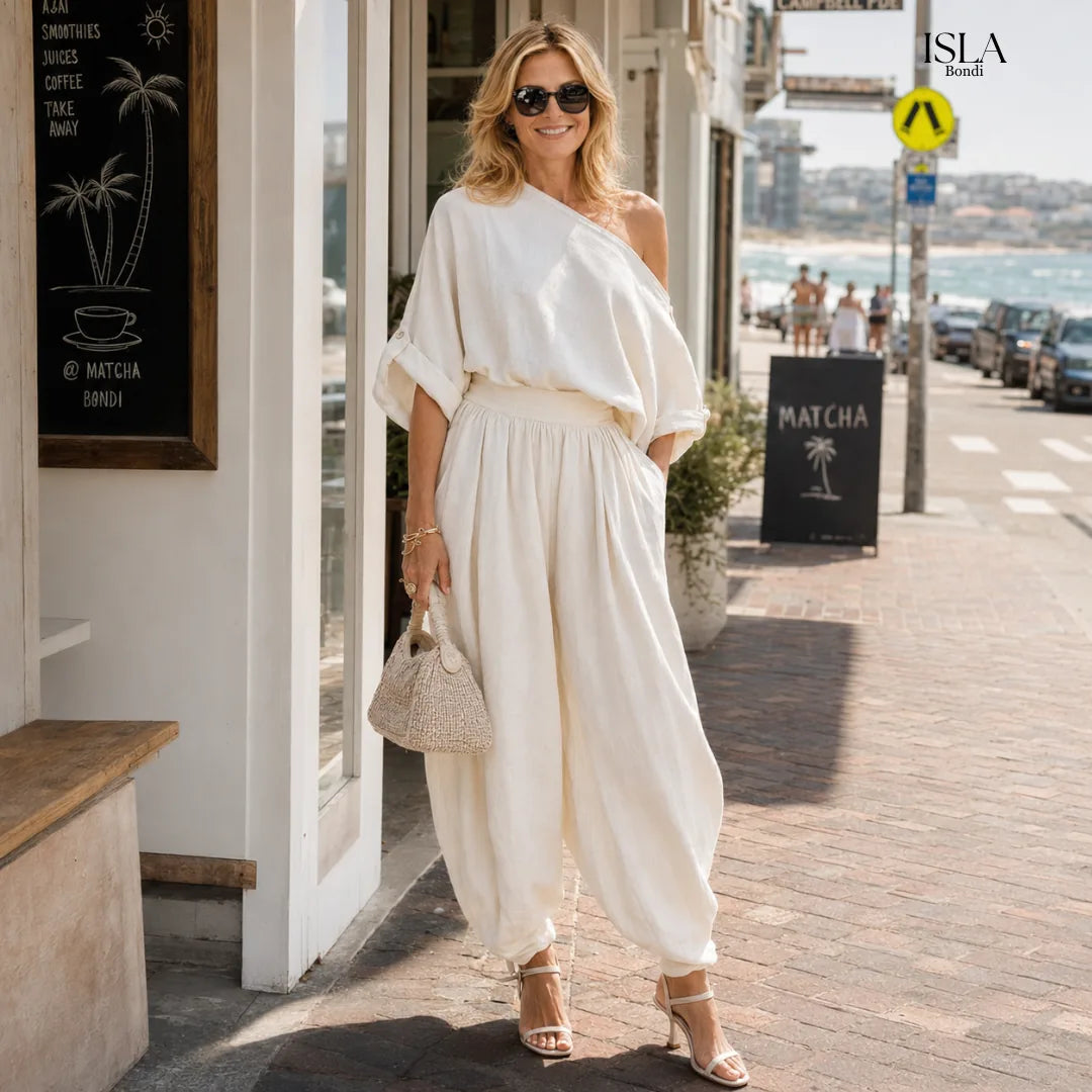 Off-white Linen Off-shoulder Loose Casual Top And Tapered Pants Set