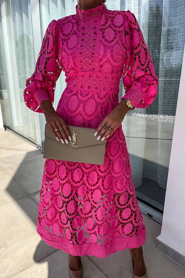 Romantic Sensual and Elegant Crochet Lace Lantern Sleeve Party Midi Dress