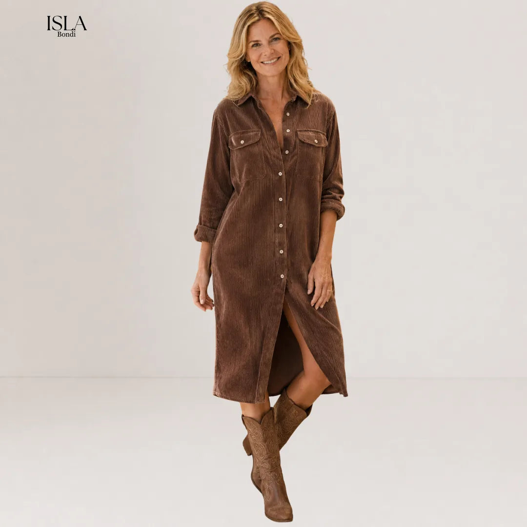 Loose Corduroy Double Chest Pocket Single Breasted Midi Dress