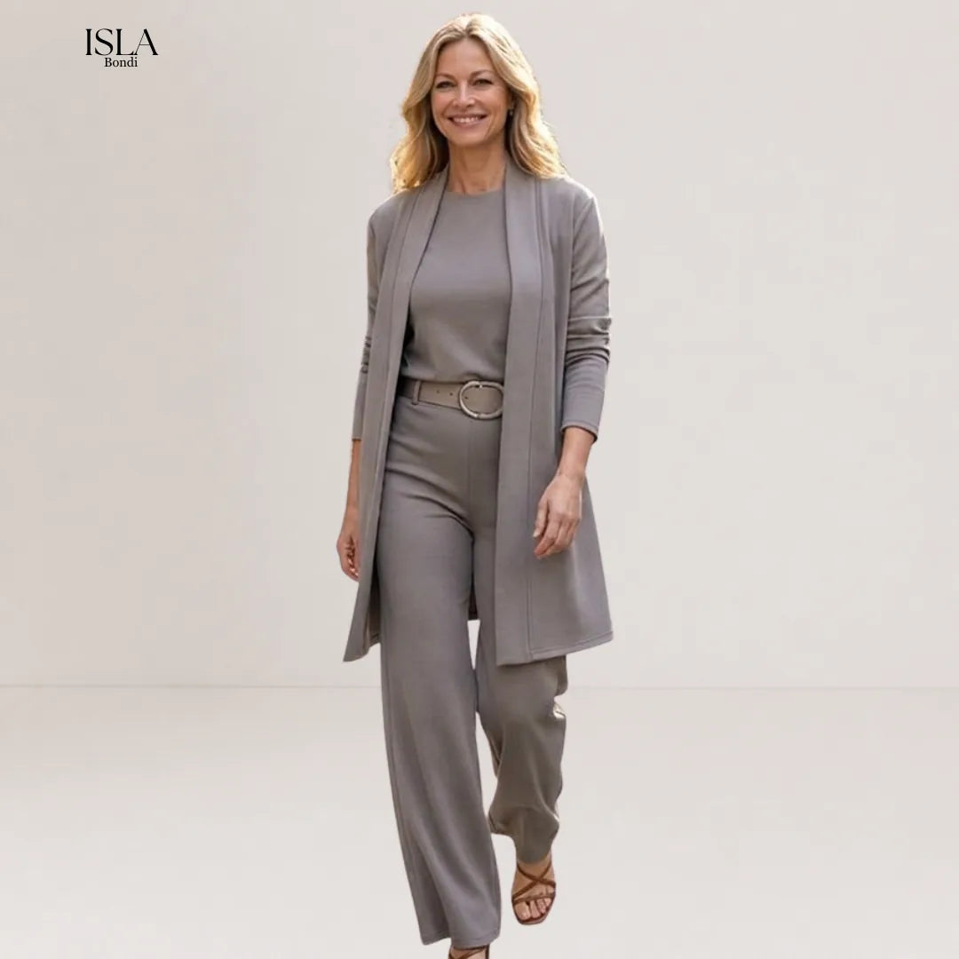 Elegant 3-piece set including long cardigan, top and pants