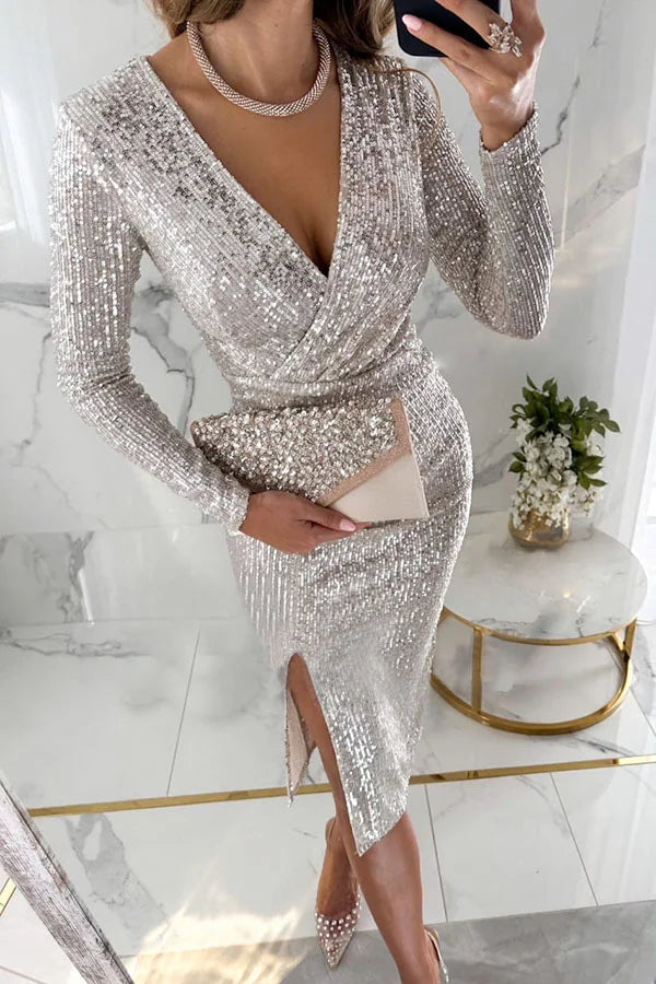 Sequin Long Sleeve Side Slit Midi Dress