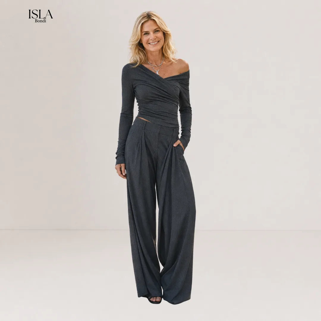 Charcoal Gray Off-shoulder Top And Wide-leg Pants Set
