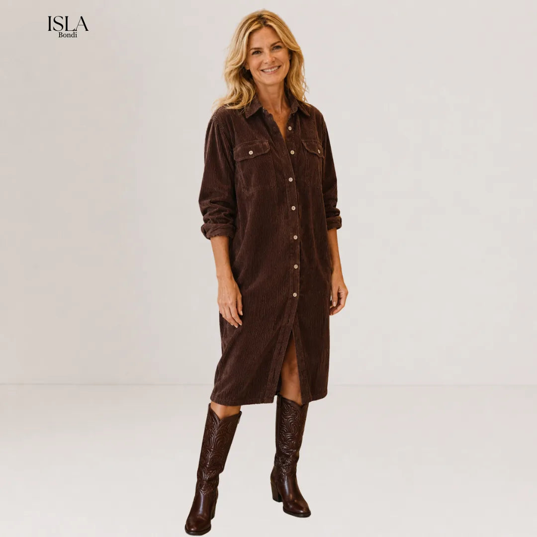 Loose Corduroy Double Chest Pocket Single Breasted Midi Dress