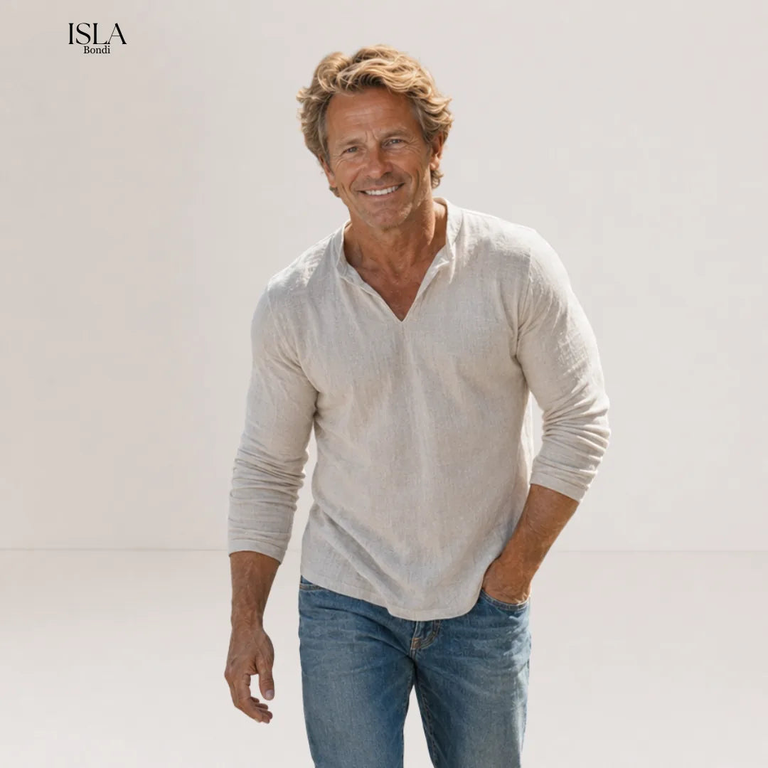 Men's Retro Casual Cotton Linen V-Neck Long-Sleeve Shirt
