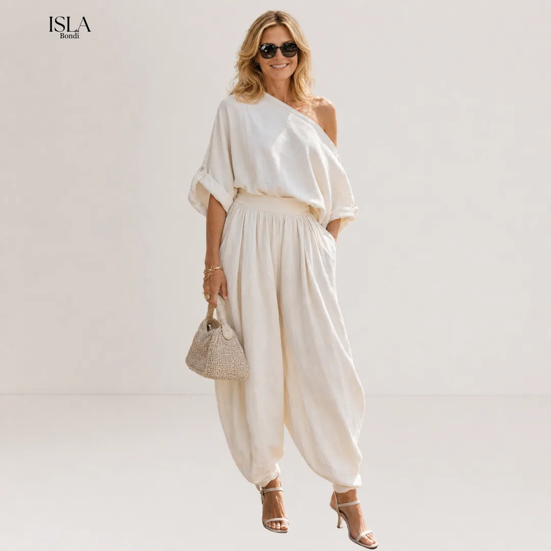Off-white Linen Off-shoulder Loose Casual Top And Tapered Pants Set