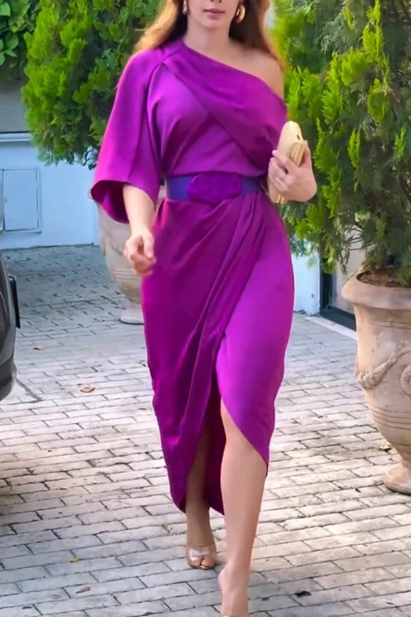 Satin Irregular Lapel Neckline Design Ruched Maxi Dress