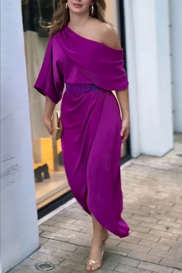 Satin Irregular Lapel Neckline Design Ruched Maxi Dress