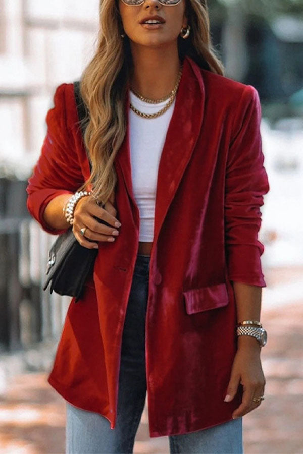 One Button Solid Color Mid-length Blazer with Suit Collar