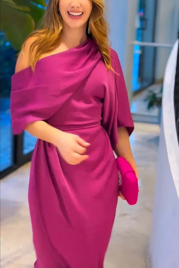 Satin Irregular Lapel Neckline Design Ruched Maxi Dress