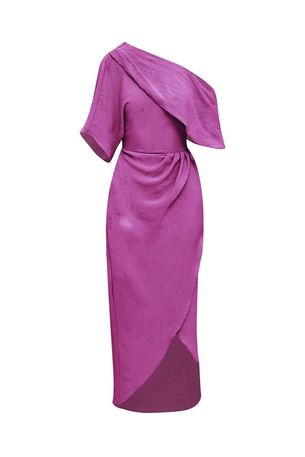 Satin Irregular Lapel Neckline Design Ruched Maxi Dress