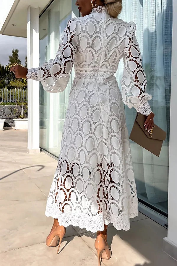 Romantic Sensual and Elegant Crochet Lace Lantern Sleeve Party Midi Dress