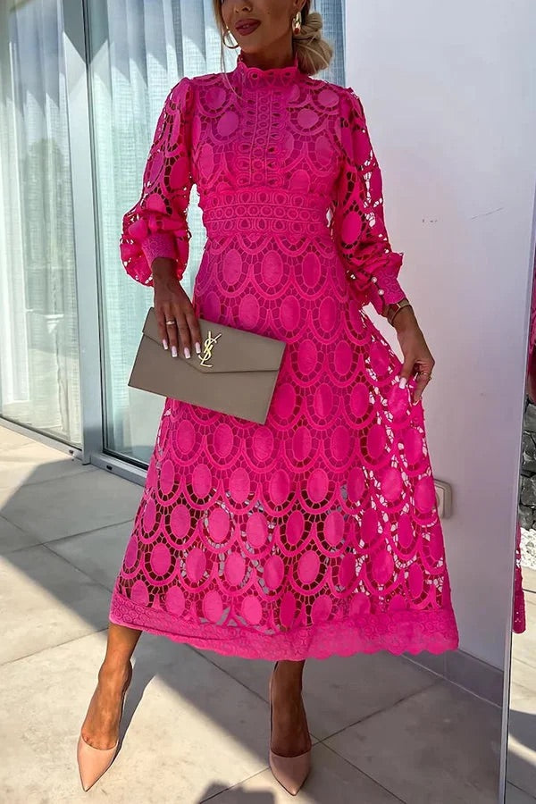 Romantic Sensual and Elegant Crochet Lace Lantern Sleeve Party Midi Dress