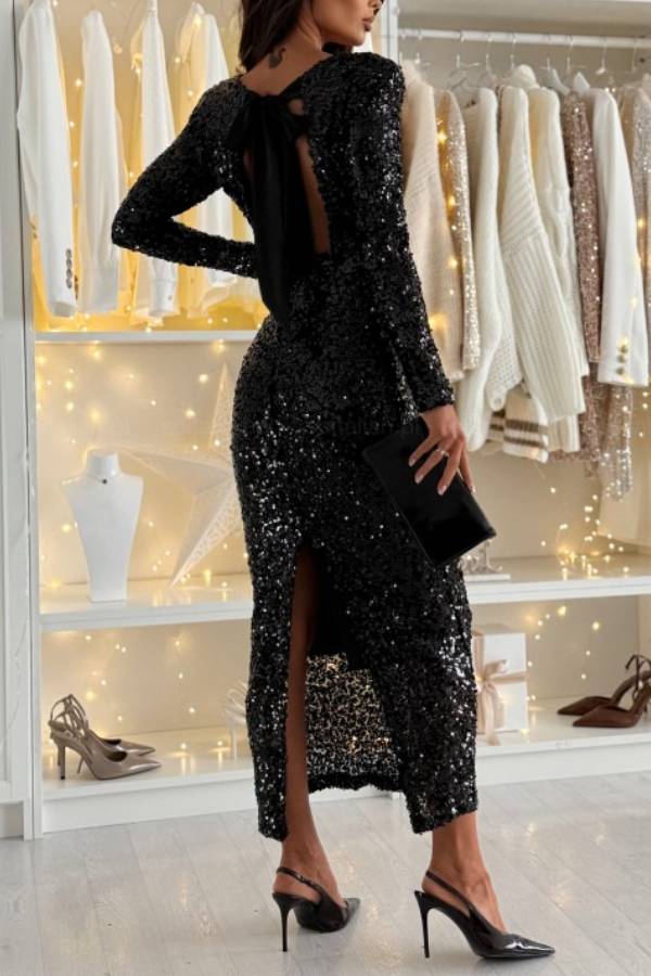 Sequined backless bodycon dress with tie-up straps