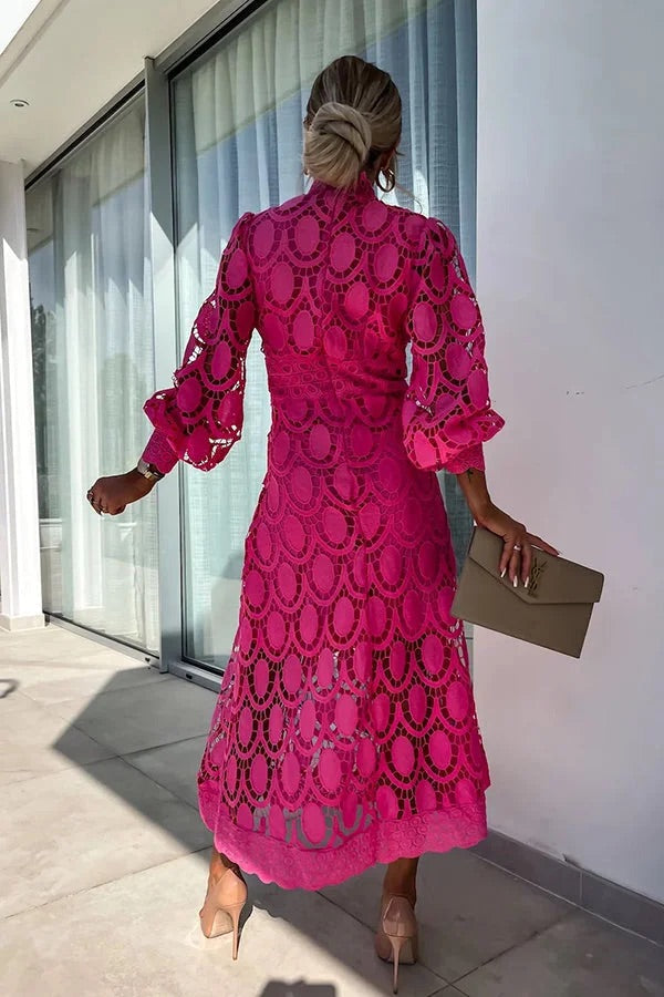 Romantic Sensual and Elegant Crochet Lace Lantern Sleeve Party Midi Dress