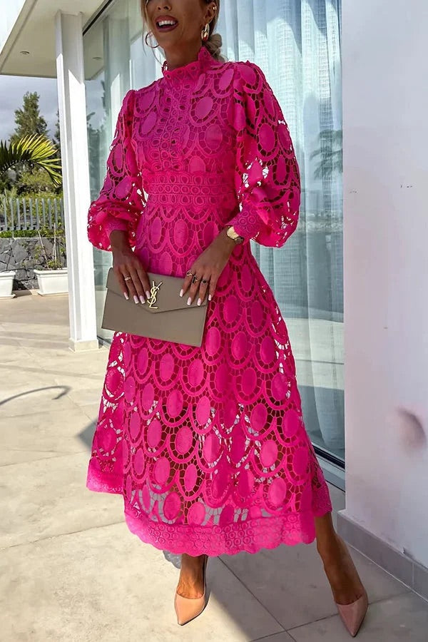 Romantic Sensual and Elegant Crochet Lace Lantern Sleeve Party Midi Dress