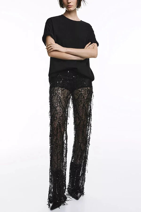 Yulissa Layered Sequin Tassels Mid Rise Stretch Waist Wide Leg Pants
