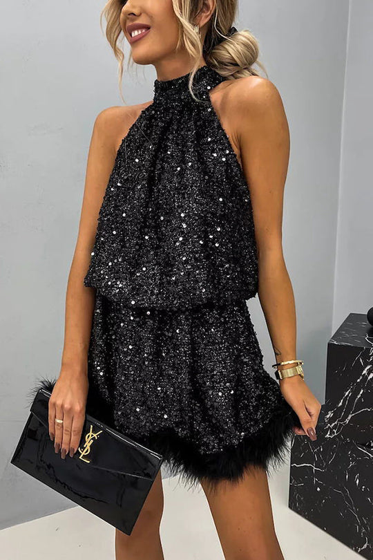 Sequin Feather Trim Halter Babydoll Mini Dress