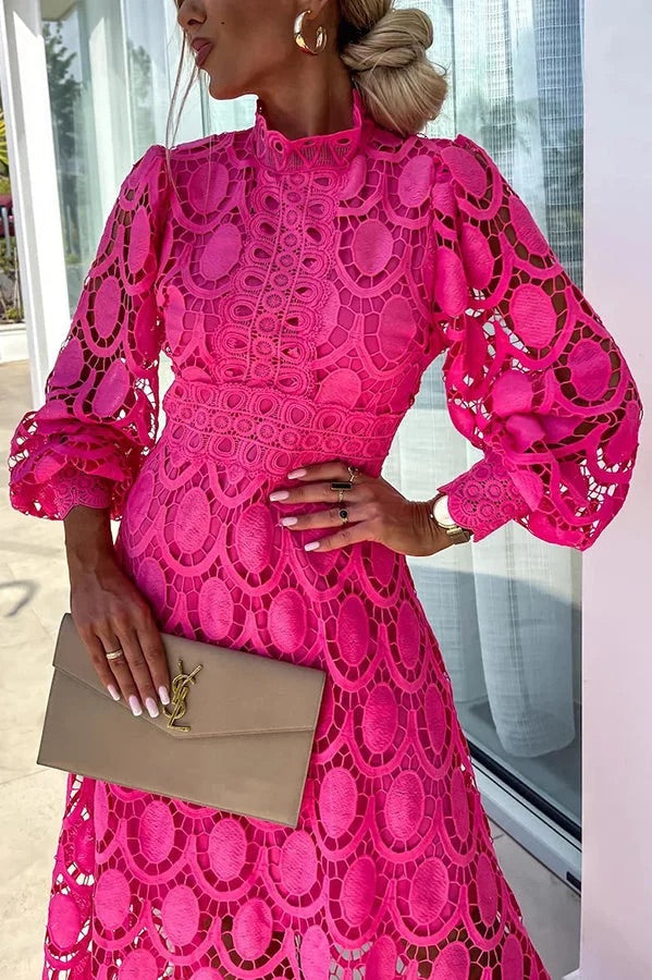Romantic Sensual and Elegant Crochet Lace Lantern Sleeve Party Midi Dress