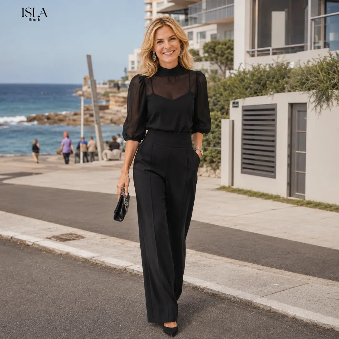 Black Sheer Camisole Top And Wide-leg Pants Three-piece Set