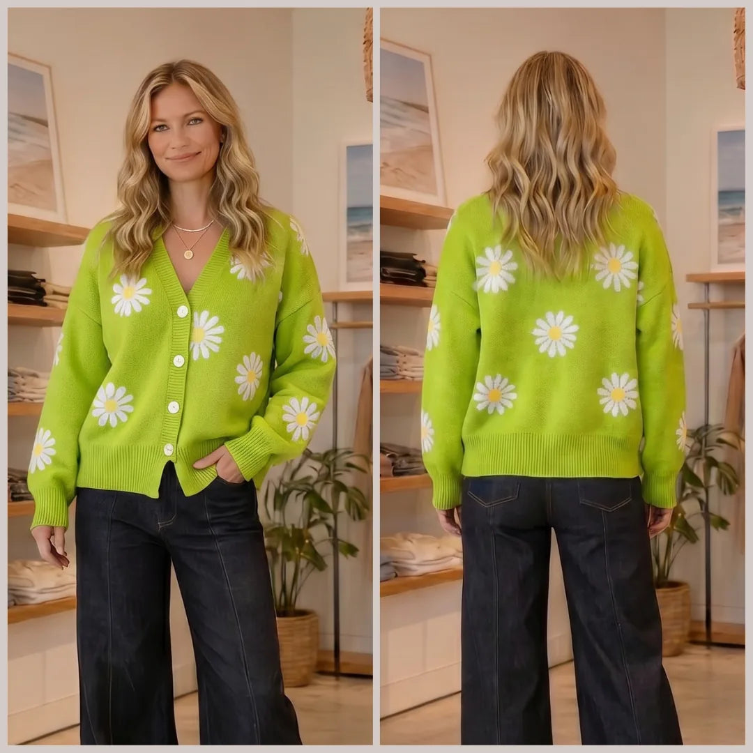 Round Neck Floral Embroidery Knitted Sweater Cardigan