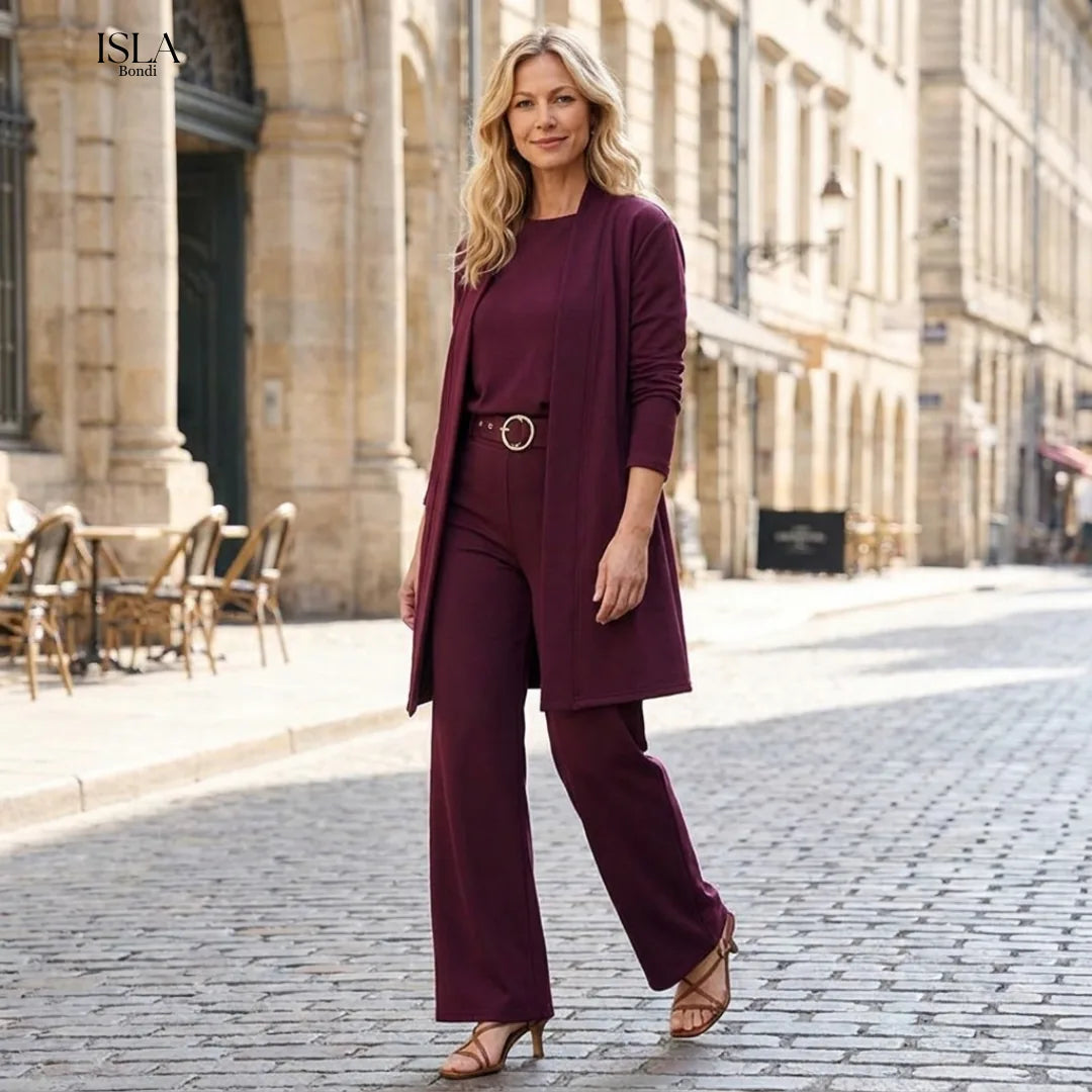 Elegant 3-piece set including long cardigan, top and pants