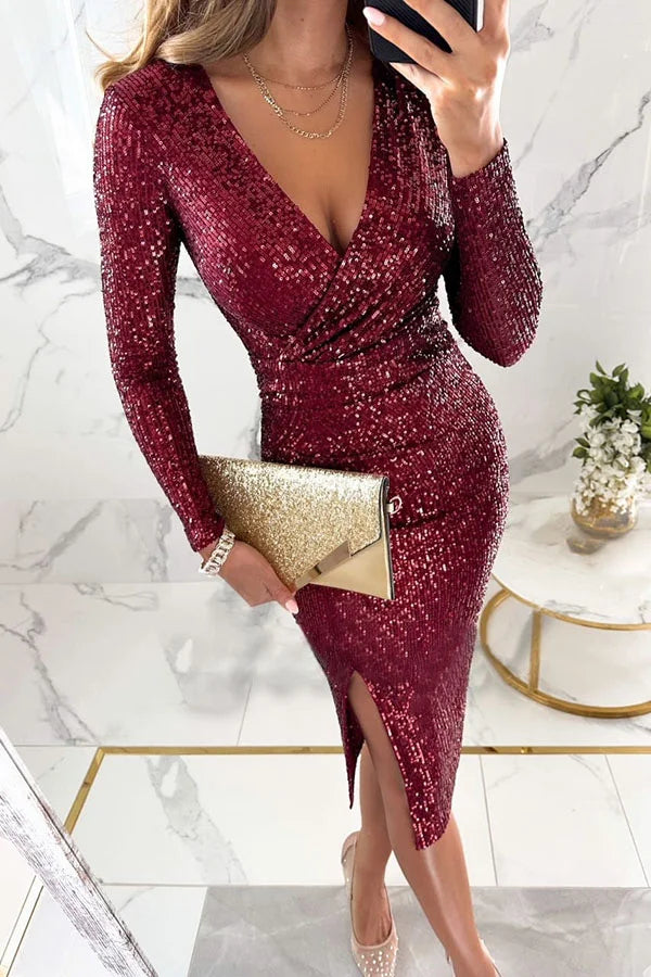 Sequin Long Sleeve Side Slit Midi Dress