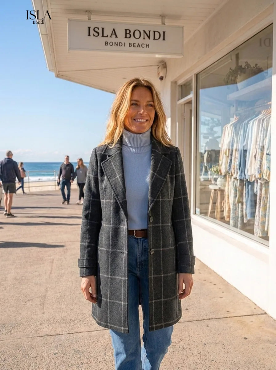 Elegant Long Tweed Plaid Coat