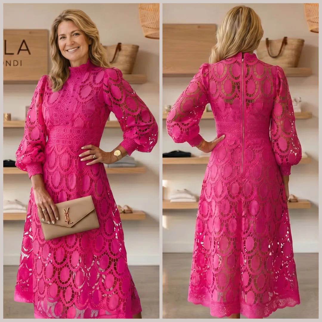 Romantic Sensual and Elegant Crochet Lace Lantern Sleeve Party Midi Dress