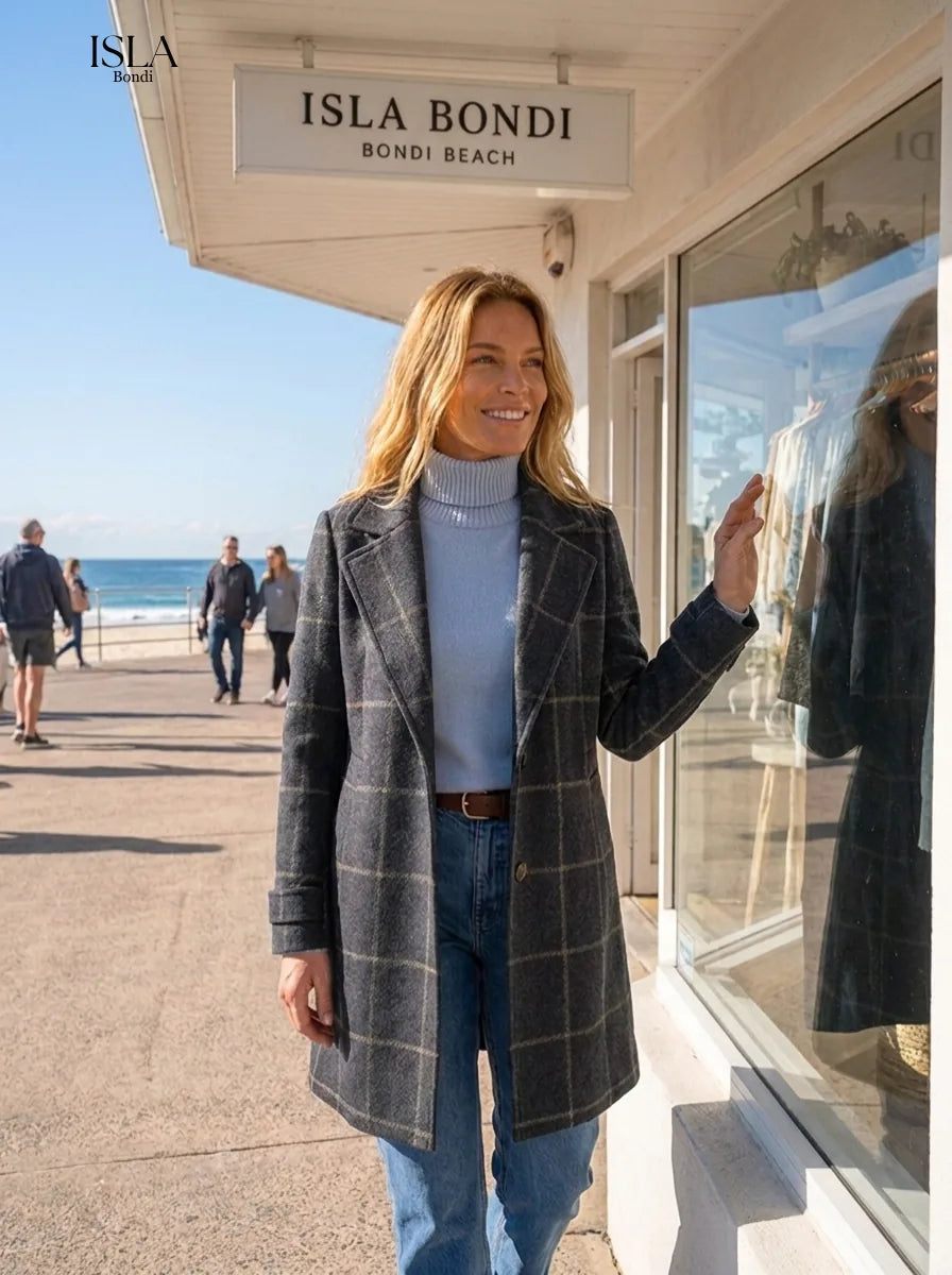 Elegant Long Tweed Plaid Coat