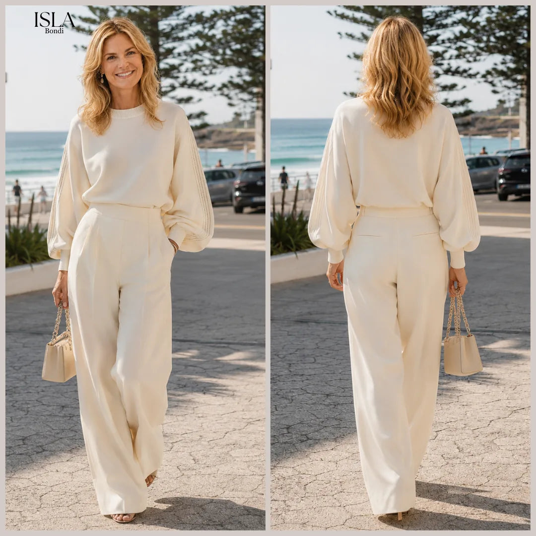 Ivory Ribbed Crew Neck Top And High-waisted Wide-leg Pants Suit