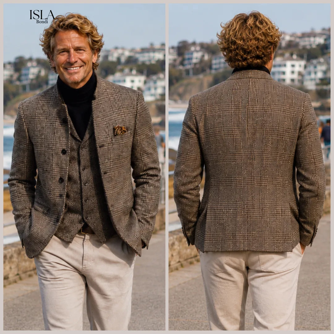 Men's Retro Casual Tweed Plaid Stand Collar Jacket