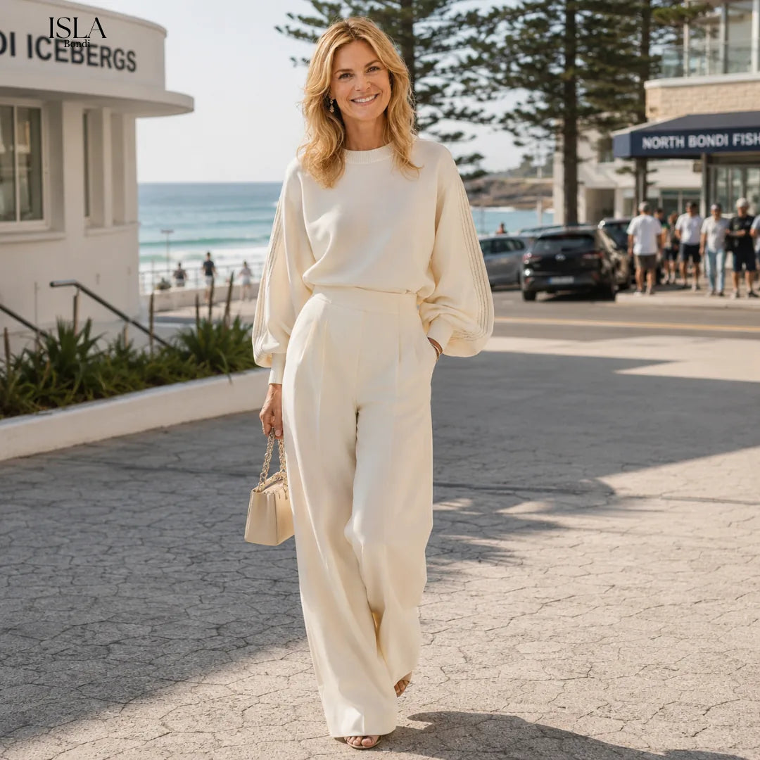 Ivory Ribbed Crew Neck Top And High-waisted Wide-leg Pants Suit