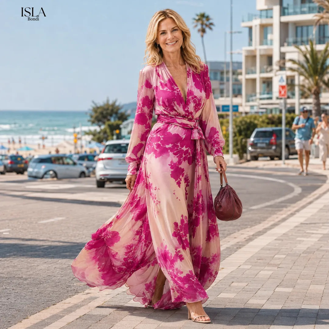 Rose Red Floral V-neck Belted Maxi Dress