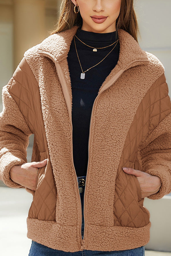 Fashion Long Sleeve Cardigan Zipper Plush Patchwork Women's Jacket