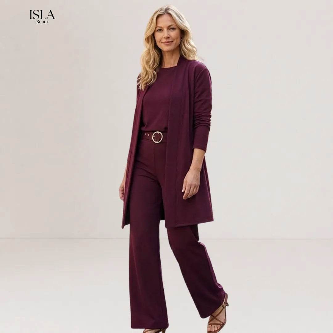 Elegant 3-piece set including long cardigan, top and pants