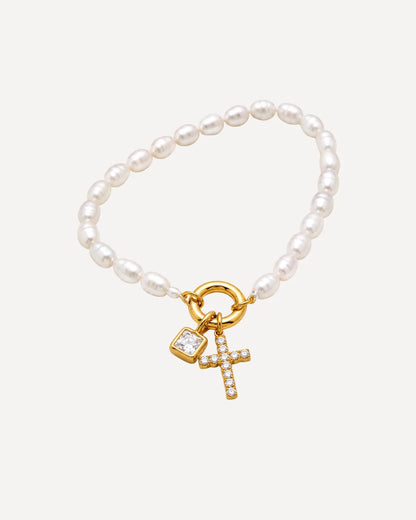 Olivia Birthstone Cross Bracelet with Pearls