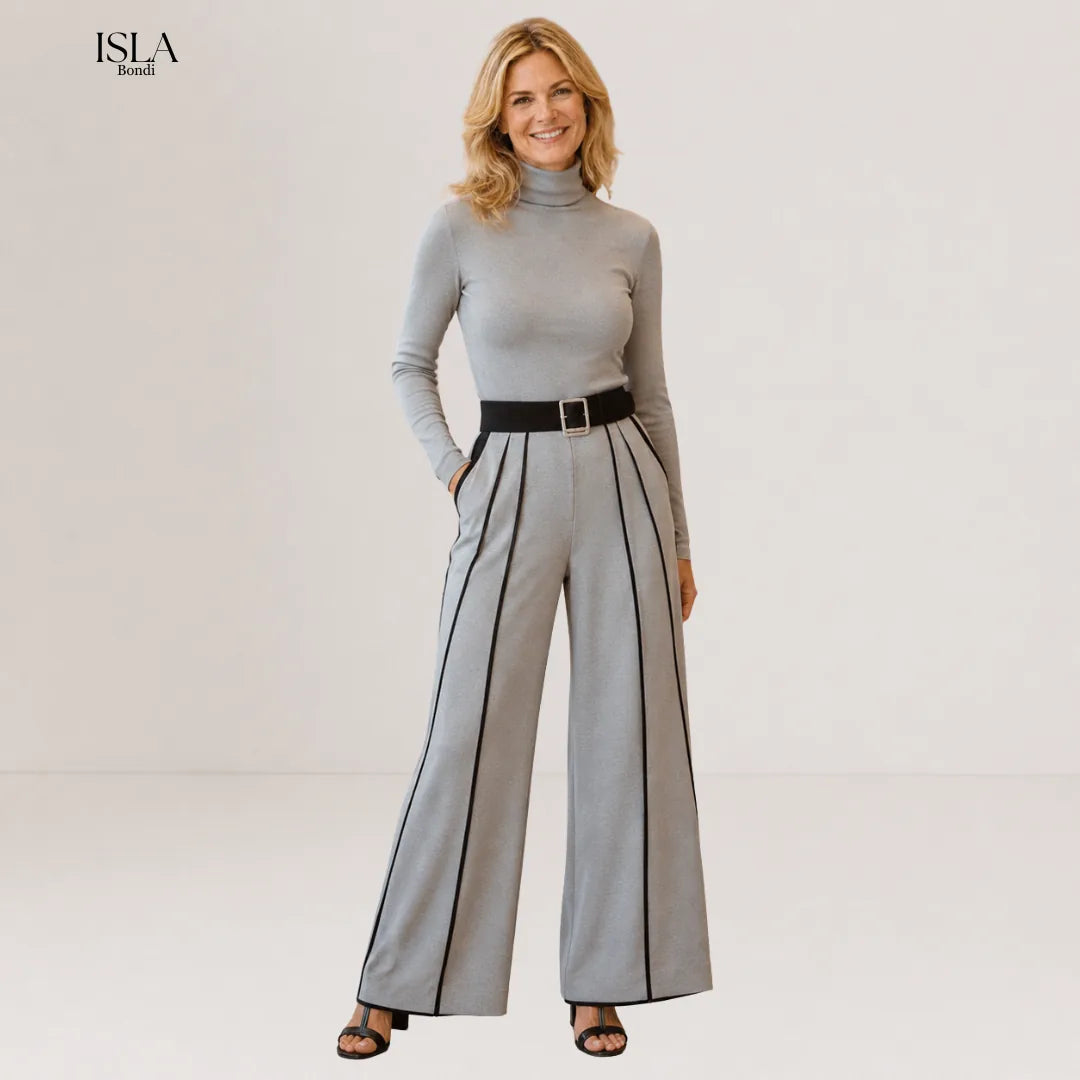 White Trim High-neck Long-sleeved Top With Wide-leg Pants and Belt Set
