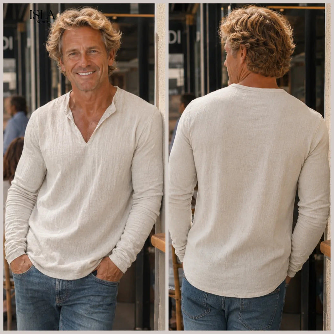 Men's Retro Casual Cotton Linen V-Neck Long-Sleeve Shirt